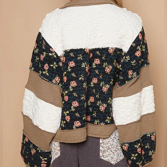 924. Pol Last 2! Jacket Coat thermal Oversized Brown Floral Quilted Jacquard - Picture 5 of 6